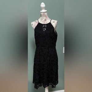 White House Black Market NWT Black crochet fit & flare halter dress